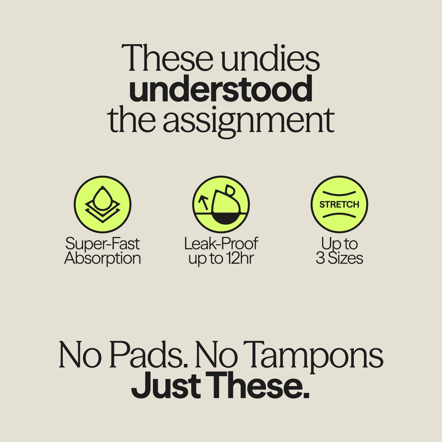 Infographic displaying key features of the WUKA Teen Sleep Stretch™ Boxer Heavy period underwear: super-fast absorption, 12-hour leak-proof protection, and stretch fit up to 3 sizes. Tagline: “No pads. No tampons. Just these.