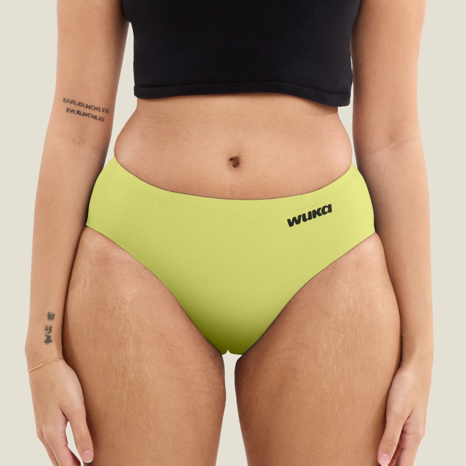 Front view of WUKA Teen Stretch Midi Brief in limited edition Lime Punch. Seamless heavy flow period pants designed for comfort, protection and teen bodies.