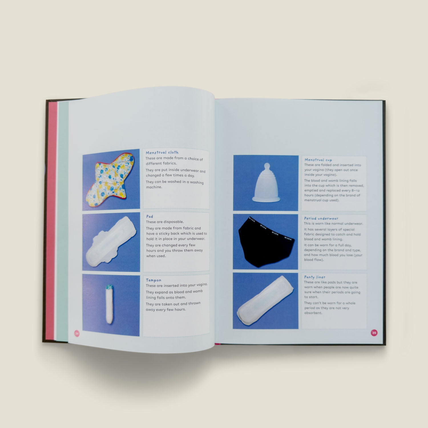 Illustrated guide from "The Autism-Friendly Guide to Periods" showcasing different types of menstrual products including period pants, pads, menstrual cups, and cloth pads.