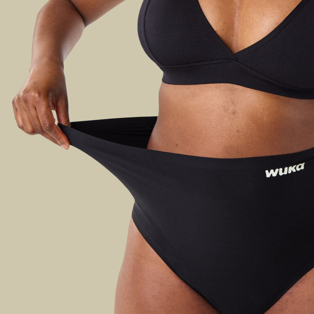 Discover WUKA High Waist Period Pants – ultra-comfy, full coverage protection with a flattering fit. Designed to sit above the waist for maximum comfort and leak-free confidence. Medium to super heavy flow days, with sustainable, breathable fabrics.