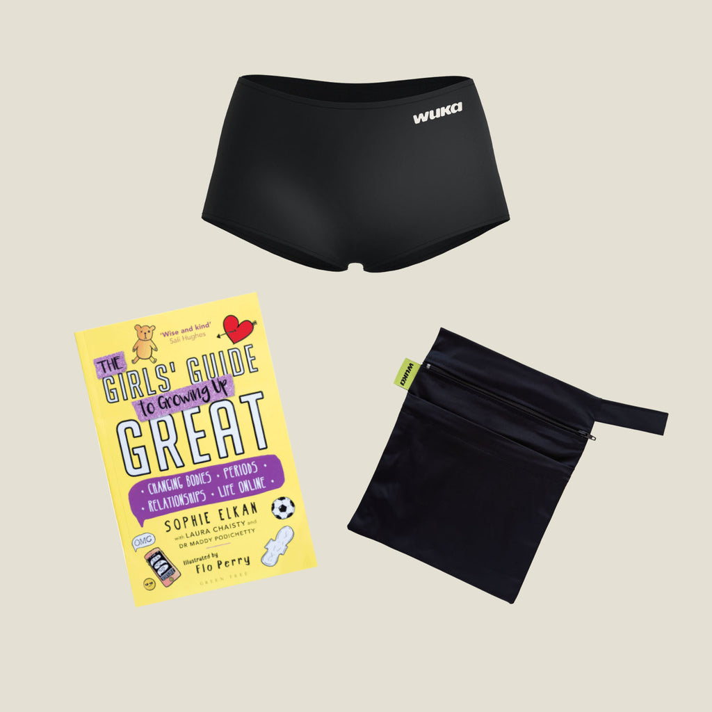 WUKA First Period Pack for teens including black Stretch™ Boxer Short, 'The Girls' Guide to Growing Up Great' puberty book by Sophie Elkan, and discreet waterproof carry bag – ideal gift for a girl’s first period.
