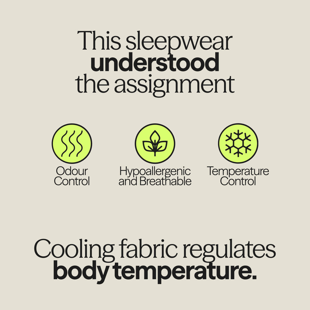 Infographic highlighting WUKA Pyjama Shorts' features: odour control, hypoallergenic and breathable fabric, and temperature regulation for menopausal comfort.