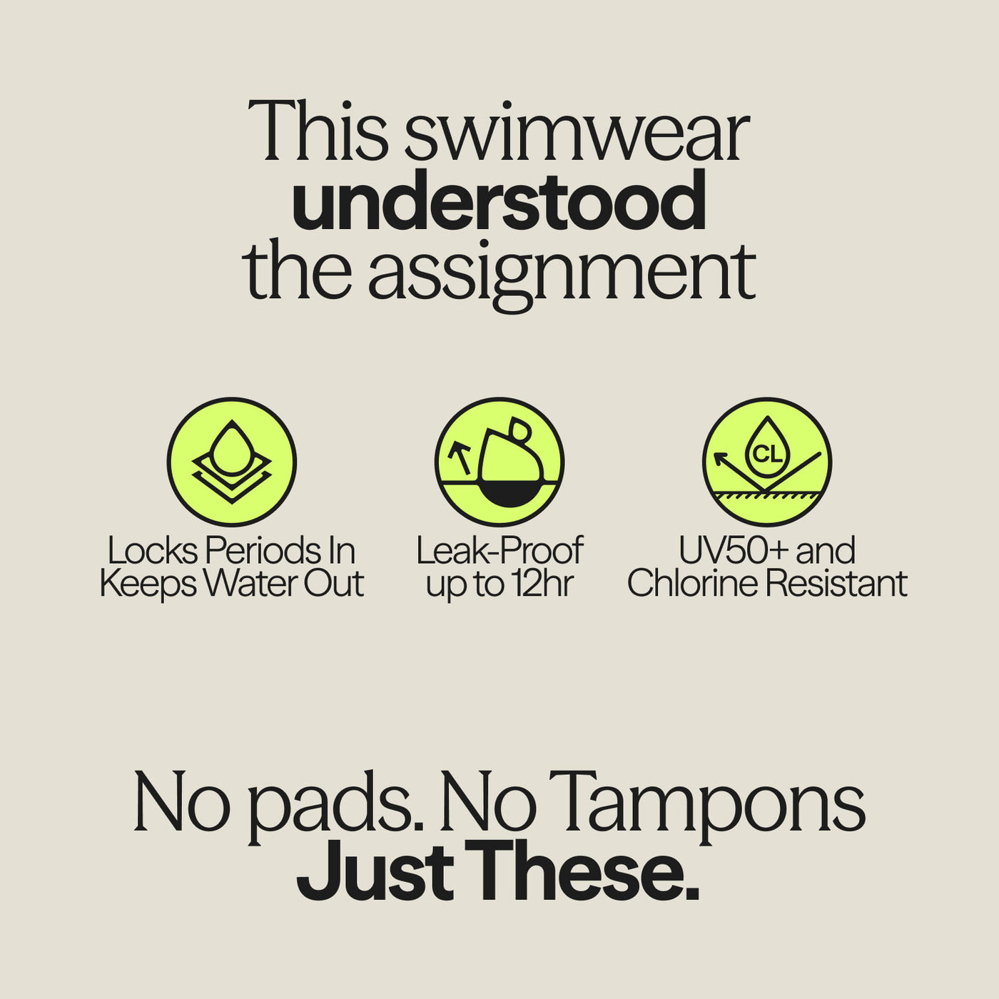 Graphic for WUKA Teen Period Swimwear featuring benefits like leak-proof up to 12 hours, UV50+ protection, and chlorine resistance, with tagline “No pads. No tampons. Just these.”