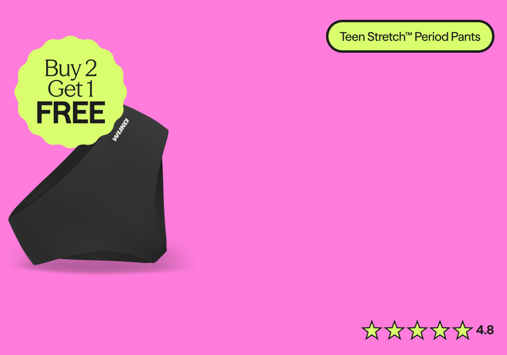 WUKA Teen Stretch™ Period Pants with Buy 2 Get 1 Free offer, reusable leak-proof period underwear for teens with five-star reviews