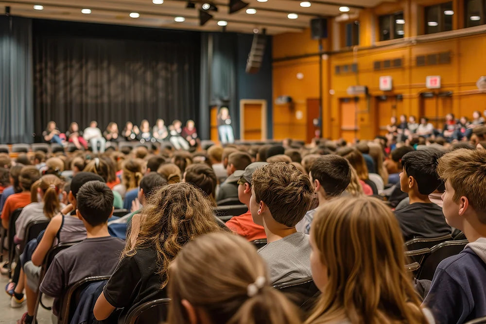 WUKA Talks is about helping girls & families feel confident about periods, hormones, and growing up. Image of a group of school children in an assembly room having a talk on periods